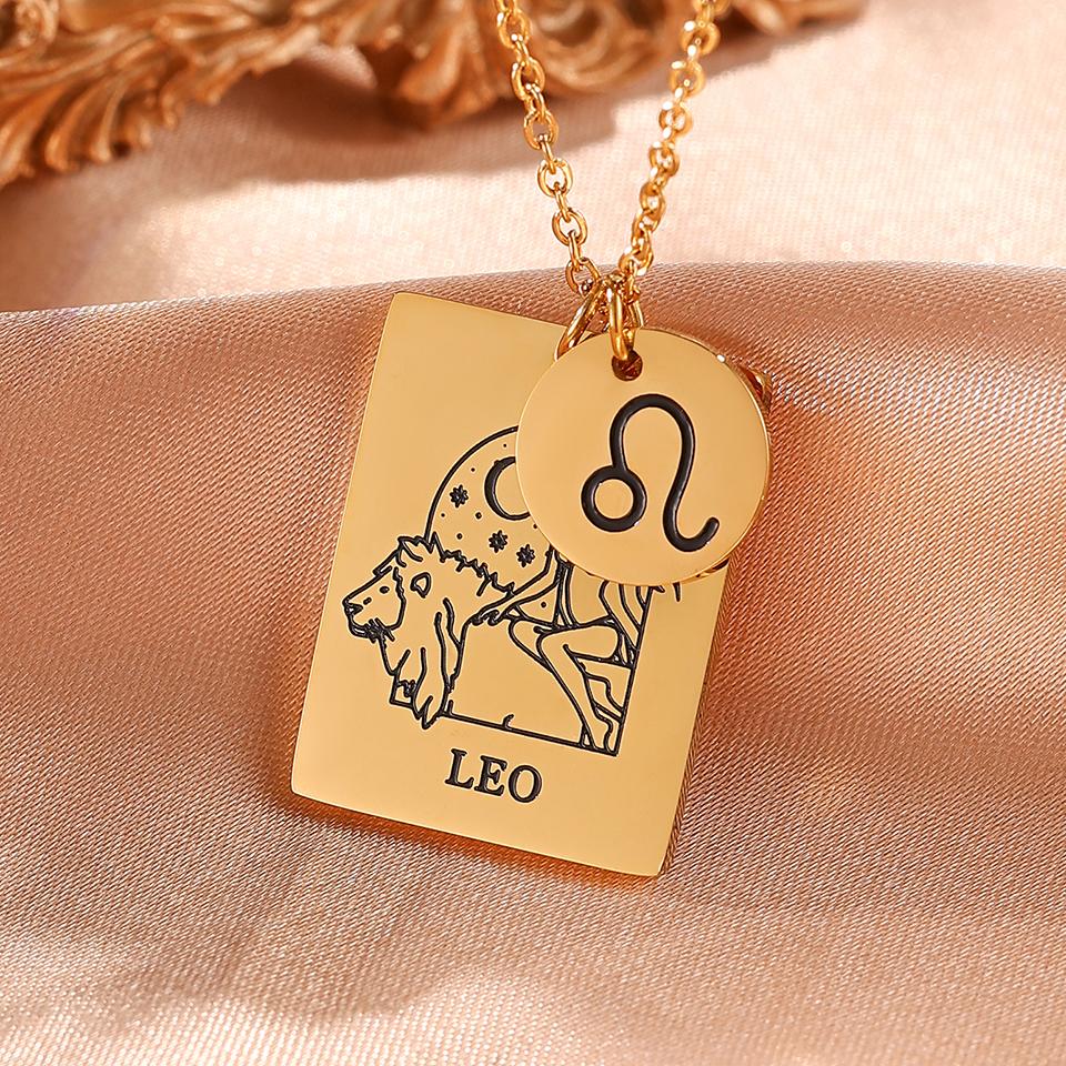 Htpwe Stainless Steel Twelve Zodiac Signs Pendant Necklace Women's Plated 18k Gold Couple Holiday Gift Necklace Party Zircon