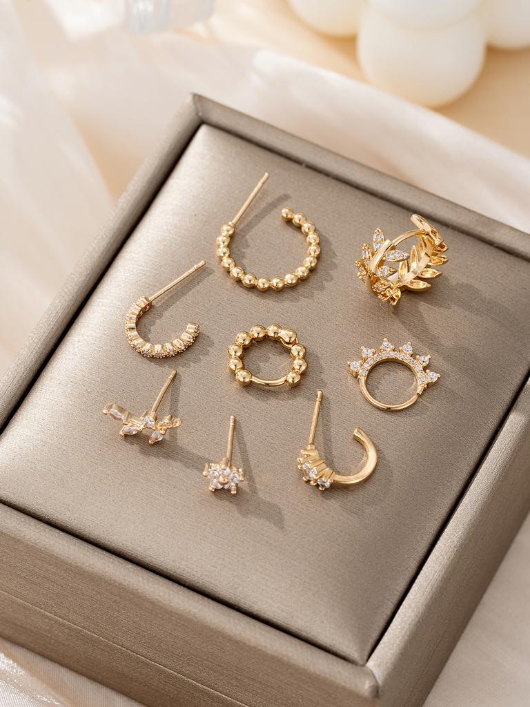 8pcs/set Exquisite Cubic Zirconia Leaf Geometric Ear Clip Stud Earring For Women's Wedding Party Accessories, High-End Jewelry