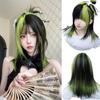 Synthetic Short Black Green Mix Women Straight Wigs with Bangs Lolita Cosplay Natural Hair Wig for Daily Party