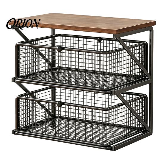 Dust Proof Storage Drawer Coffee Station Organizer with Drawer, Tiered Bar Organizer, Wooden Top Shelf, Small Desktop Furniture Wire Mesh Drawers for