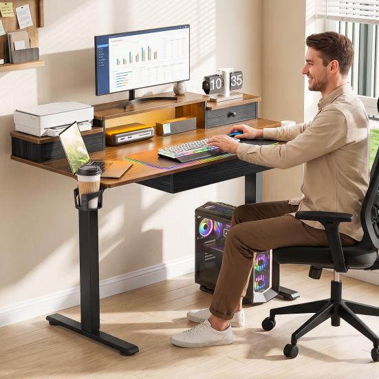 PC Gaming Desk Electric Lift Computer Desk Standing with Drawers Home Ergonomic Monitor Stand Power Outlets & LED Lights Height Adjustable Cable