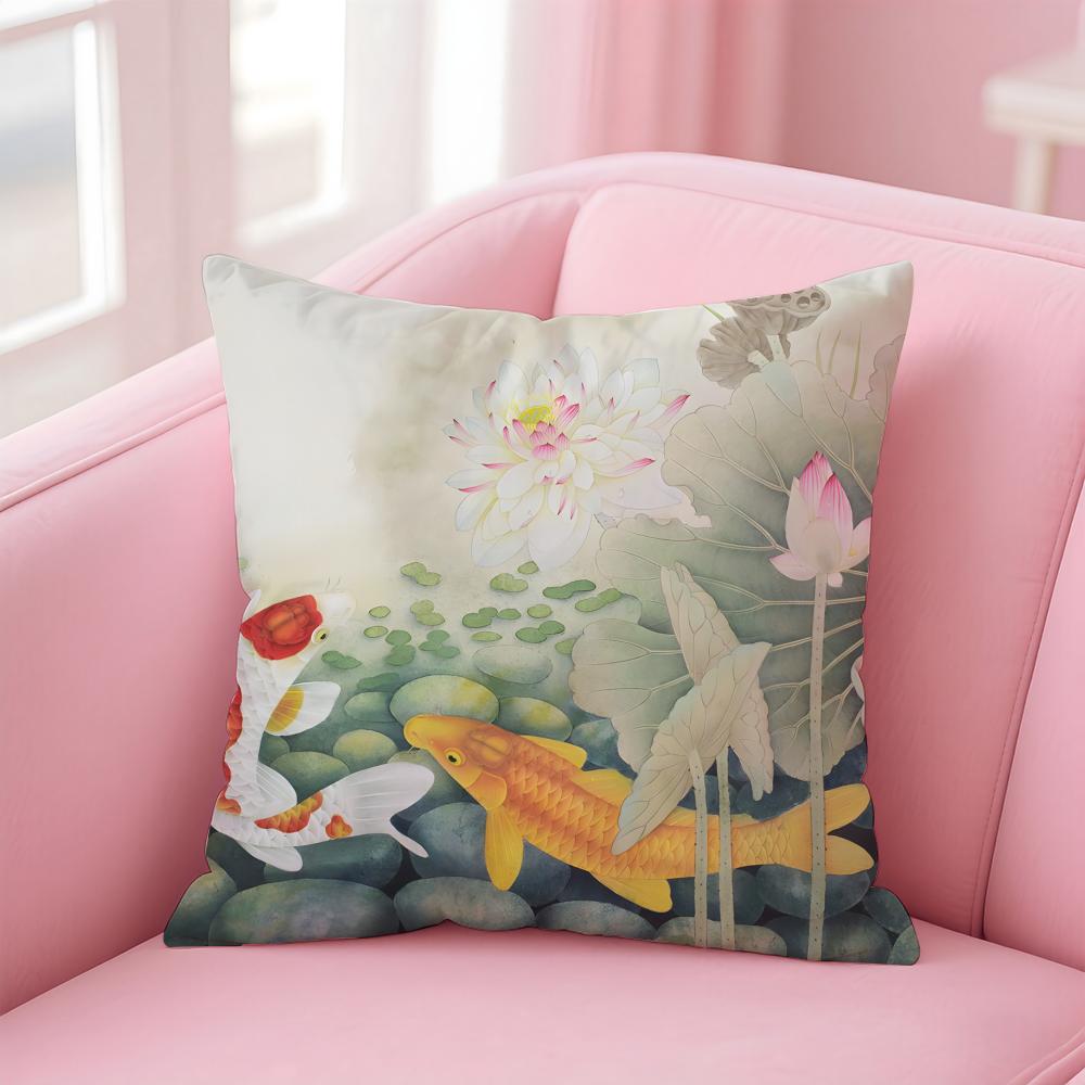 Natural Fun Koi Fish lotus Cushion Cover Pillow Case Soft Skin Friendly Fabric Concealed Zipper