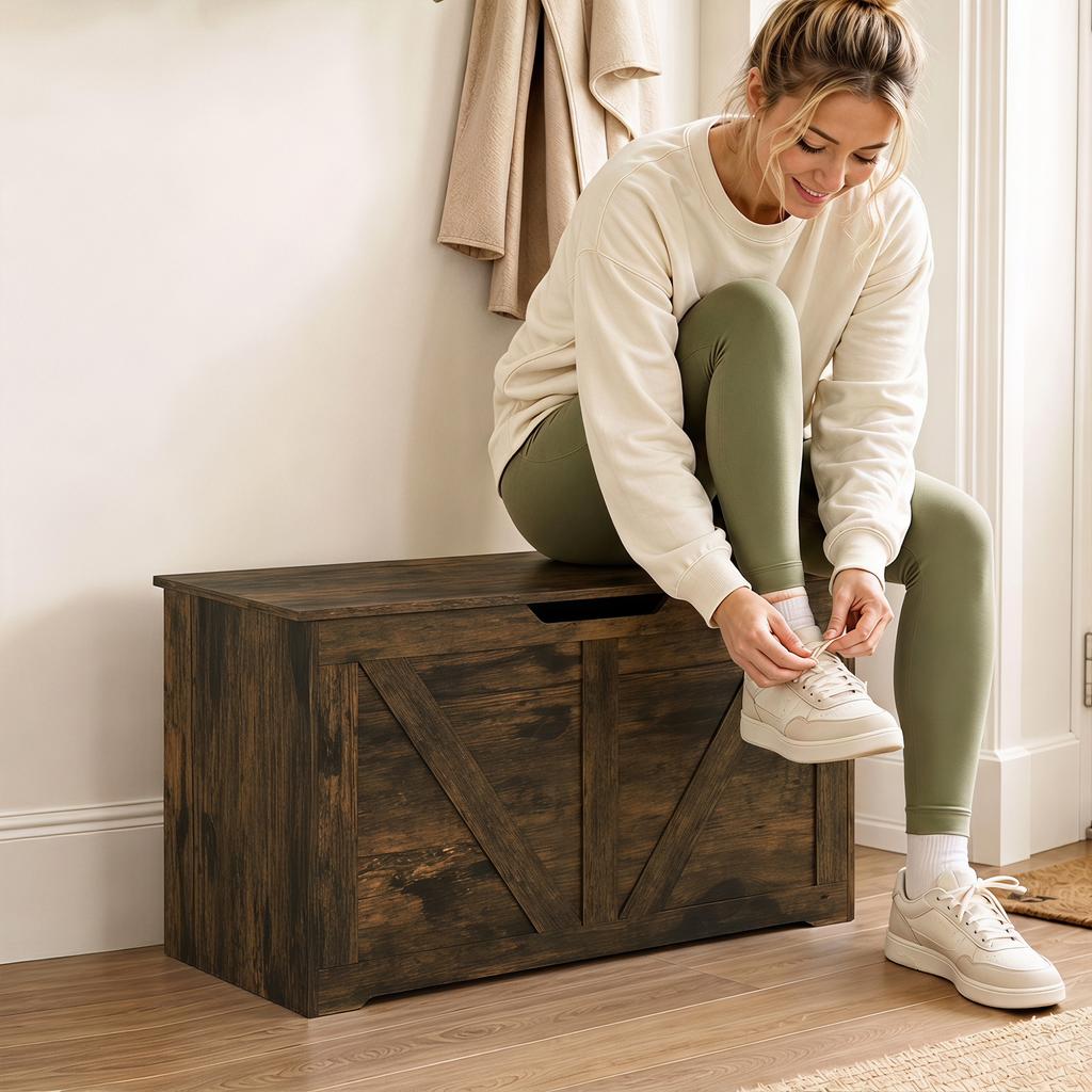 100L Home Storage Box, with Safety Hinge - Rustic Brown Wood-Effect