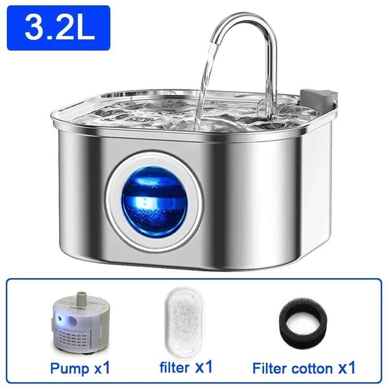 3.2L  Large Capacity Pets Auto Filter Stainless Steel Cats Water Fountain Household Super Quiet Pet Water Dispenser