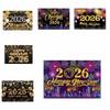 Shiny 2026 New Year Backdrop Banner Colorful Balloon Black Gold Photography Background Letter Champagne Celebration Banner Event
