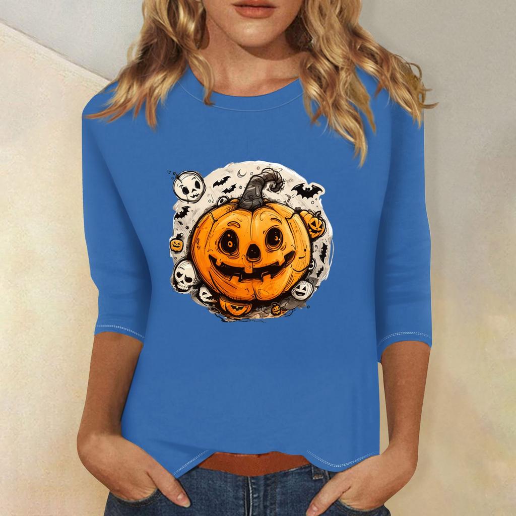 Women's Fashion Casual Three-quarter Sleeve Halloween Printed Round Neck Top