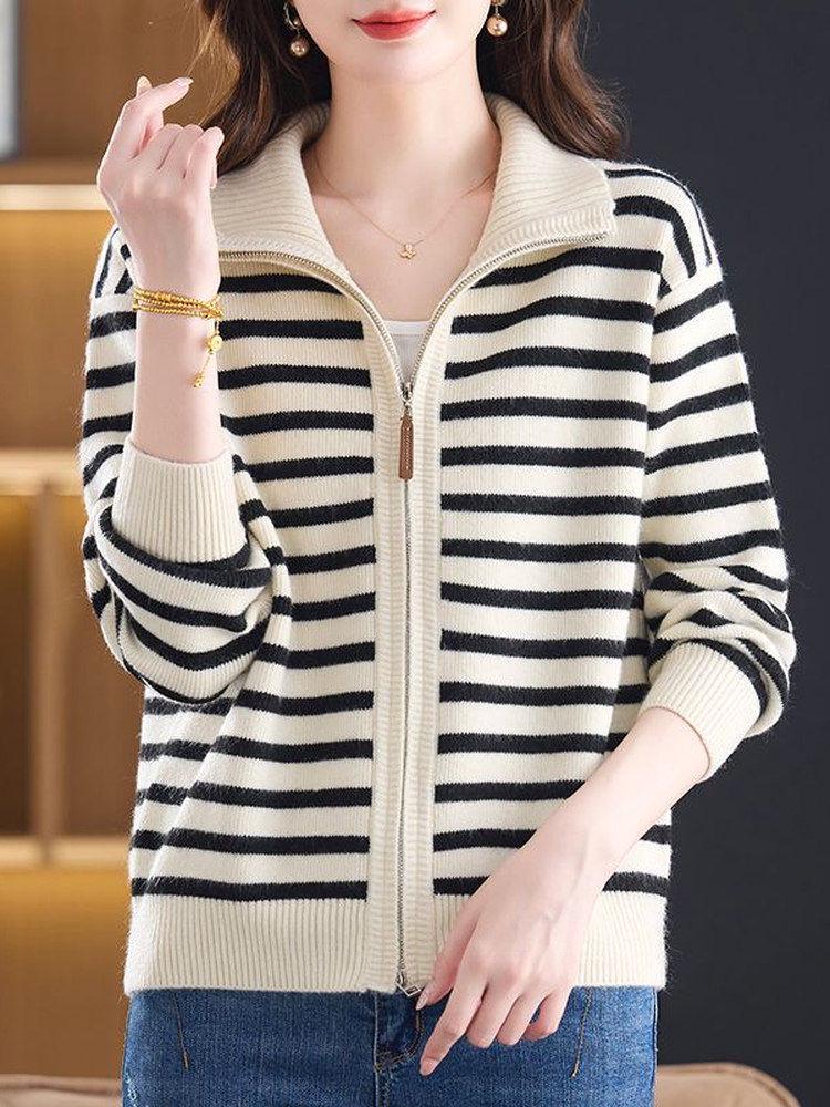 Korean Style Striped Knit Wool Cardigan - Autumn/Winter Zipper Sweater for Women