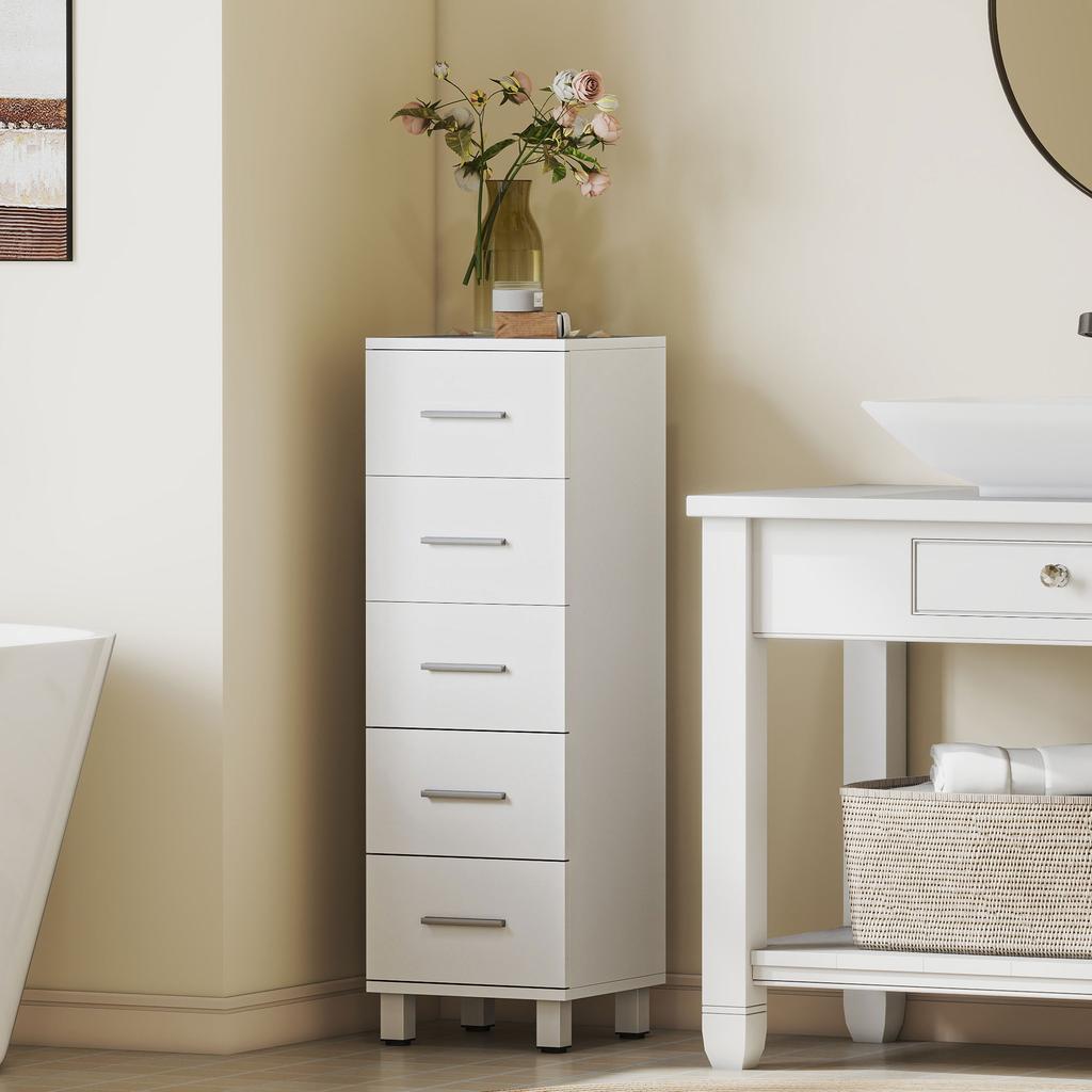 Bathroom Chest of Drawers, 5 Drawers, 30 x 30 x 95 cm, White