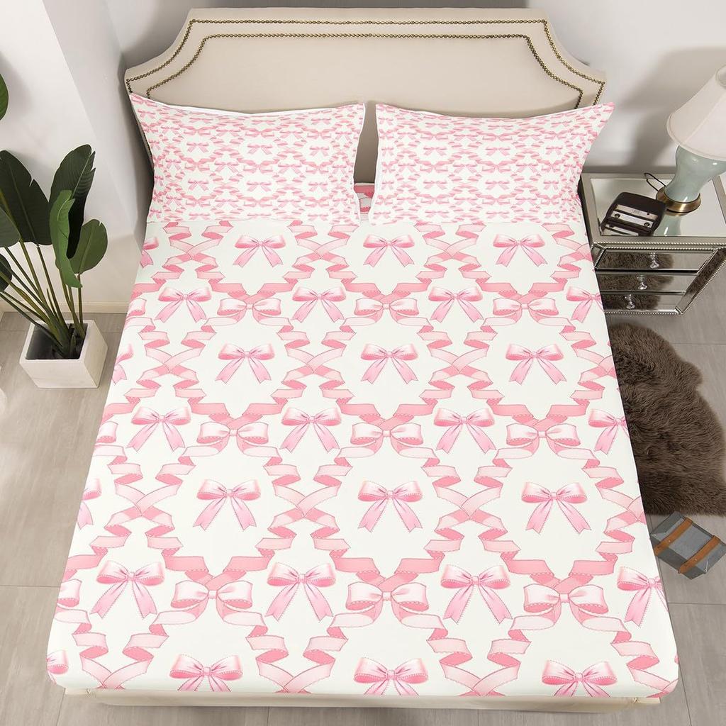 Simple Bow Pattern Mattress Three-Piece Digital Printing Mattress Bedding Set Adult Children