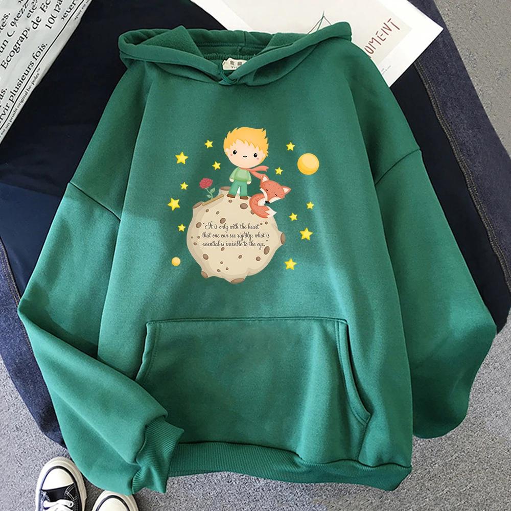 Толстовки с капюшоном Little Prince and Fox для женщин, повседневные толстовки с принтом в виде мультфильмов Kawaii, симпатичная одежда для девочек, графические топы с капюшоном