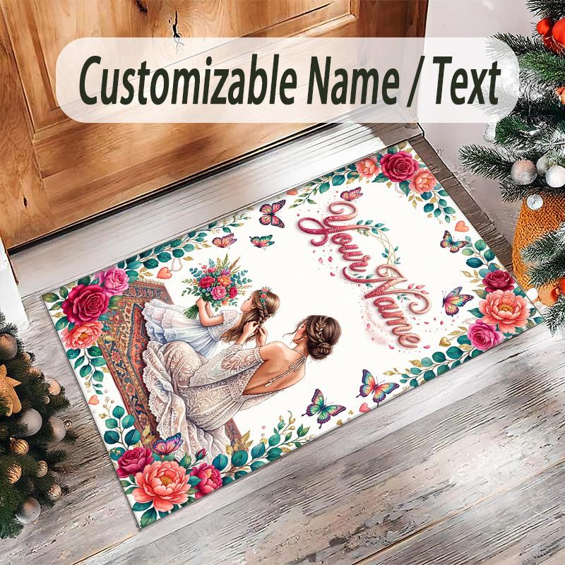 Floral Theme Crystal Velvet Rug Personalized Custom Name Text Soft Floor Mat Home Decor