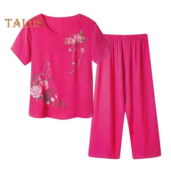 2 шт./компл., женская футболка, брюки, комплект домашней одежды, однотонный цветочный принт, круглый вырез с коротким рукавом, топ с широкими штанинами и эластичной резинкой на талии, свободные брюки, пижамы