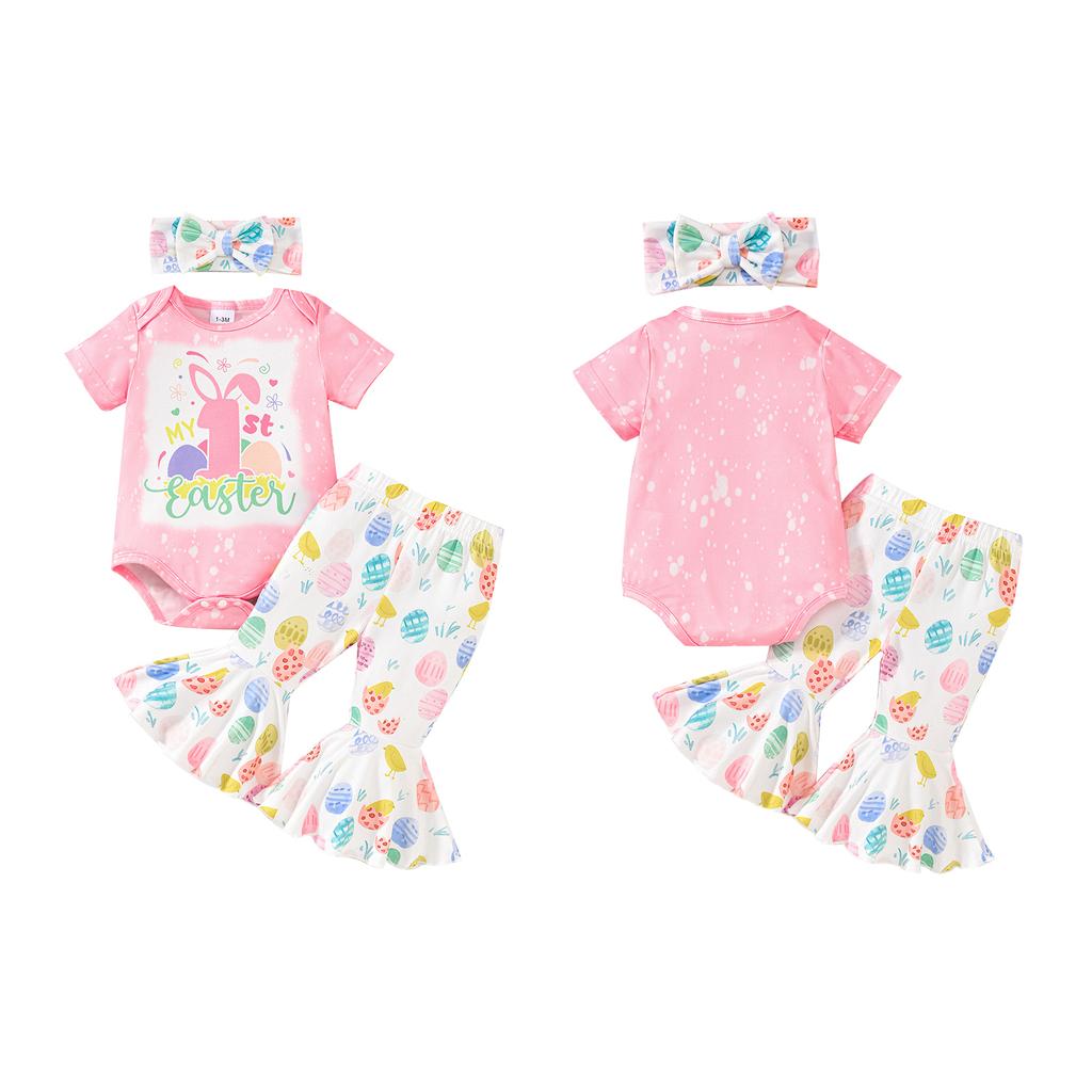 Наряд для девочки на Пасху, комбинезон с короткими рукавами, расклешенные брюки с принтом яиц, повязка на голову с бантом, комплект из 3 предметов