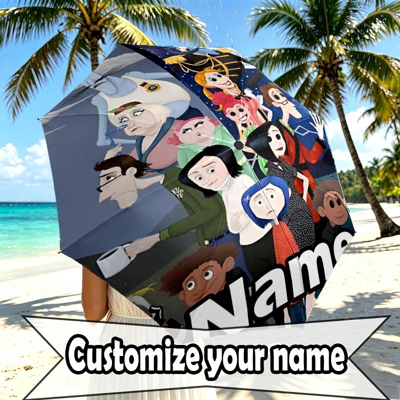 Custom Name Personalized Coraline Print Umbrella, Auto Open Close, 8‑Rib Sturdy Frame, Commute Camping Hiking Use, Birthday Gift