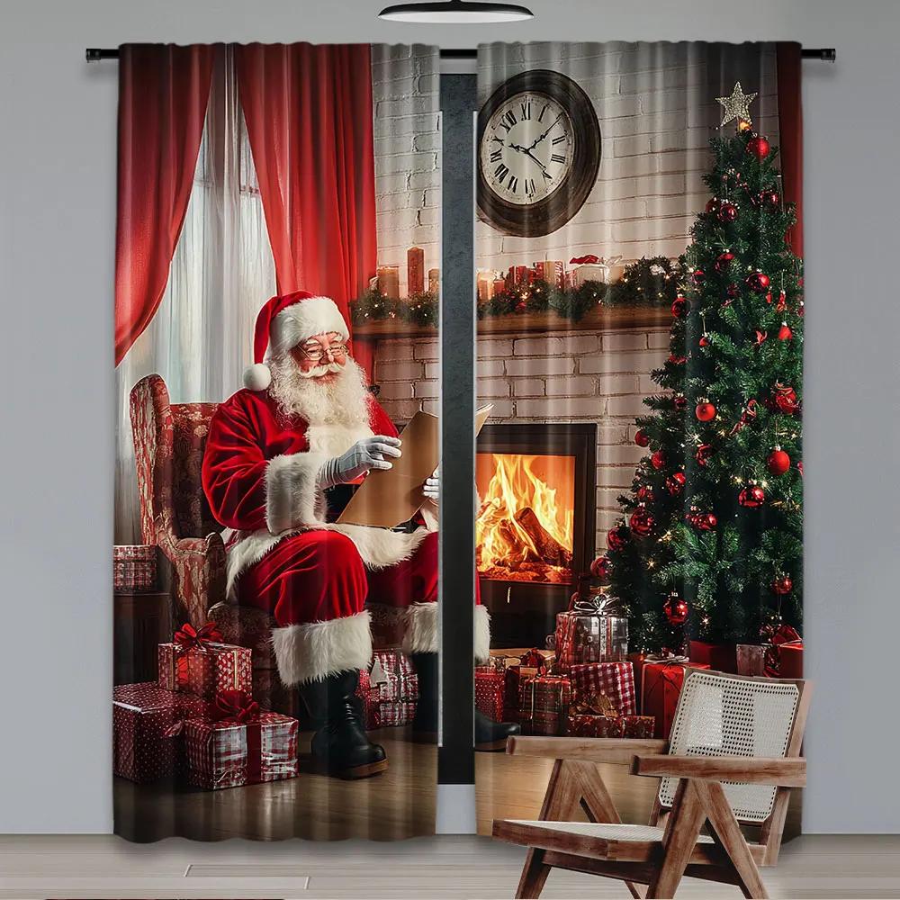 2 шт. Шторы Санта-Клауса. Старый Санта-Клаус сидит дома в рождественскую ночь и читает письмо возле дерева. Гостиная, спальня.