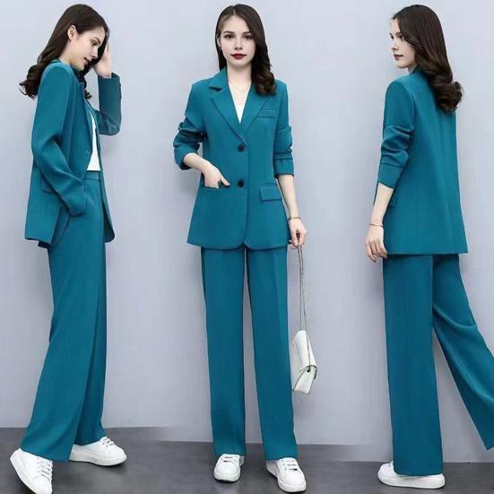 Spring Autumn Thin Section Blazer Women's Lapel Button Section Jacket + Casual Straight Trousers Two Piece Set