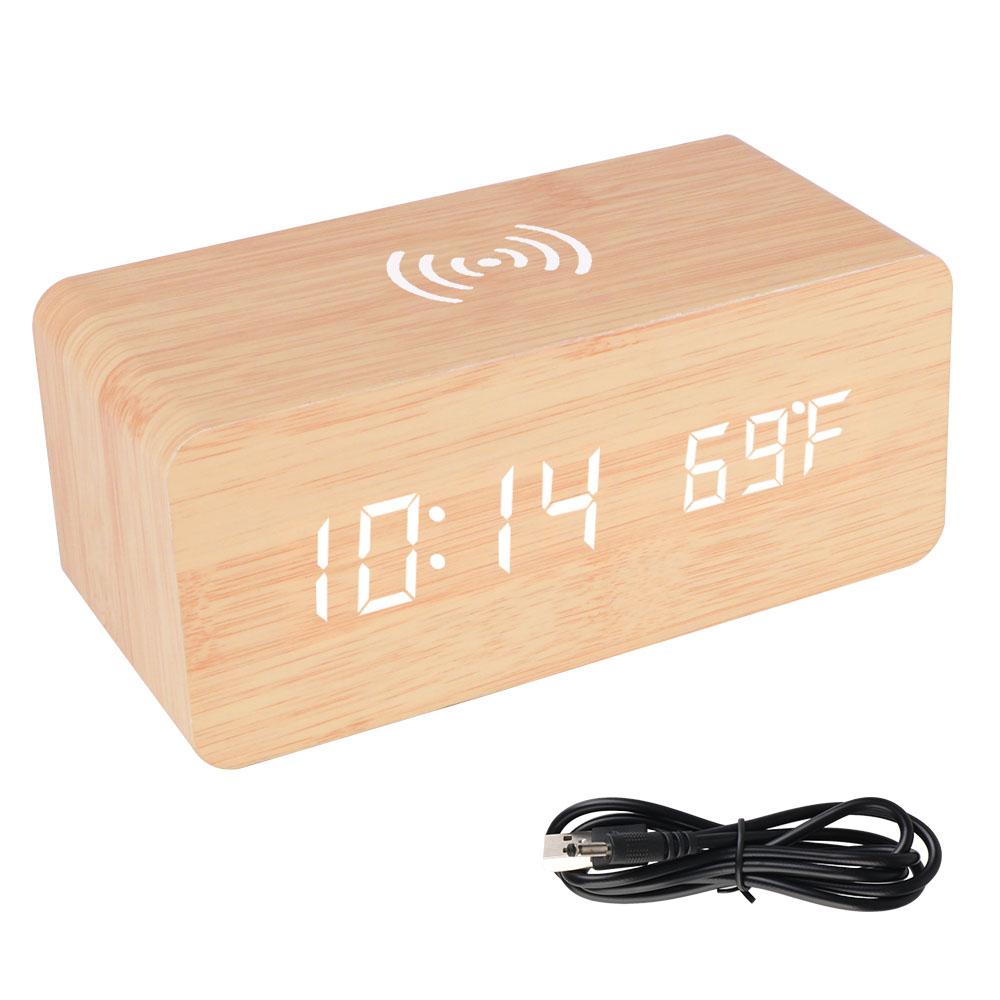 Desk Table Clocks Wooden Digital Alarm Clock Wooden Desk Digital Clock LED Display Temperature Phone Chargers Wireless Charger
