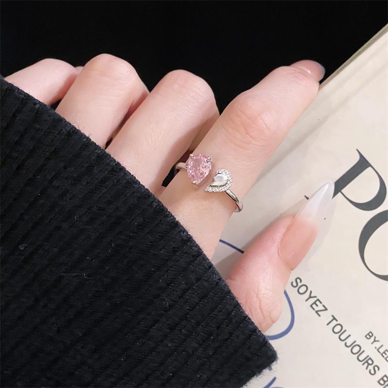 Bow Pink Zircon Series Open Ring Niche Love Cold Wind Advanced Sense Personality Ring Woman