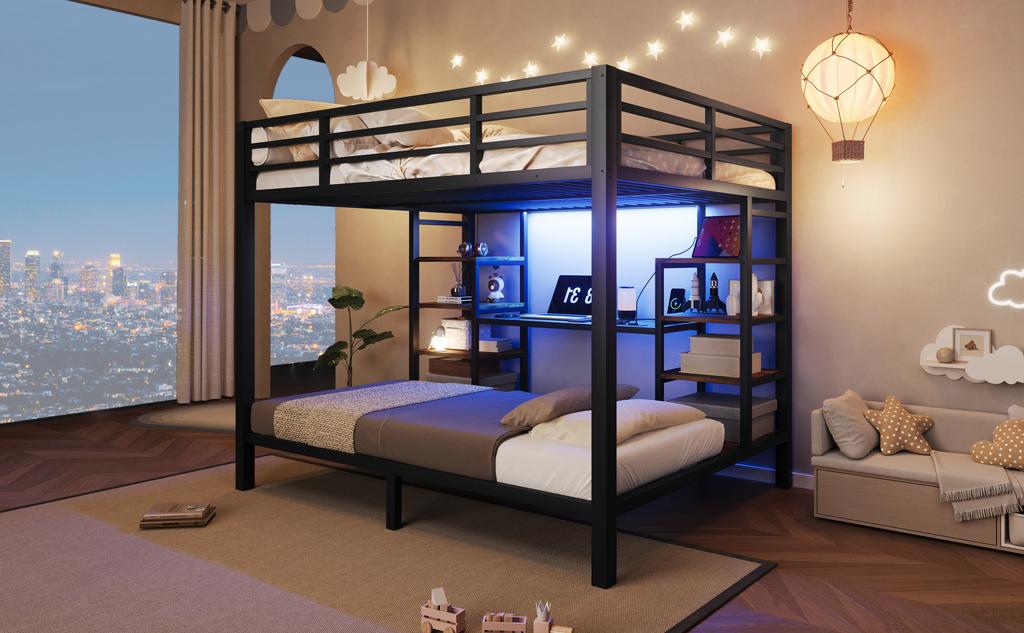Bunk Bed, 90 x 200 cm, 140 x 200 cm, Metal Bed Frame, Storage, Supports USB, Type-C and Round Sockets, LED Lighting, Without Mattress, Black