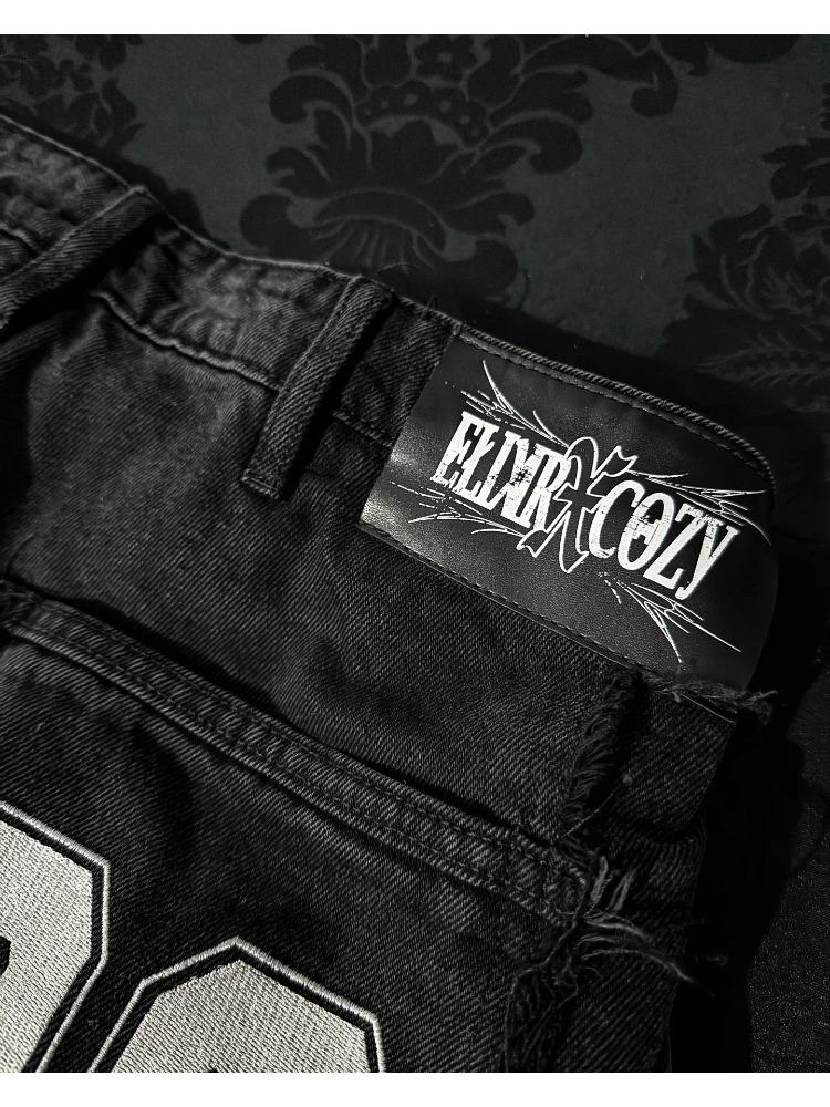 Мода Америка ретро-стрит молния пэчворк мешковатые джинсы мужские Y2k полоса вышивка сращивание черные джинсовые брюки хип-хоп джинсы