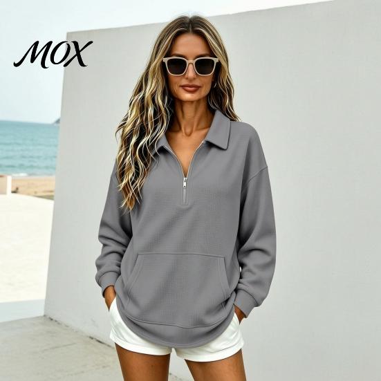 Women Waffle Sweatshirt Half-zip Sweatshirt, Long Sleeve Pullover Top with Kangaroo Skin Friendly Pocket, Loose Fit Casual Lapel for Fall Winter