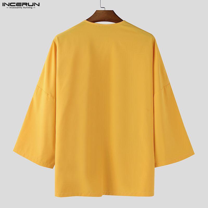 INCERUN Men 3/4 Sleeve Stitching Print Front Cross Splits Casual T-Shirts Tops