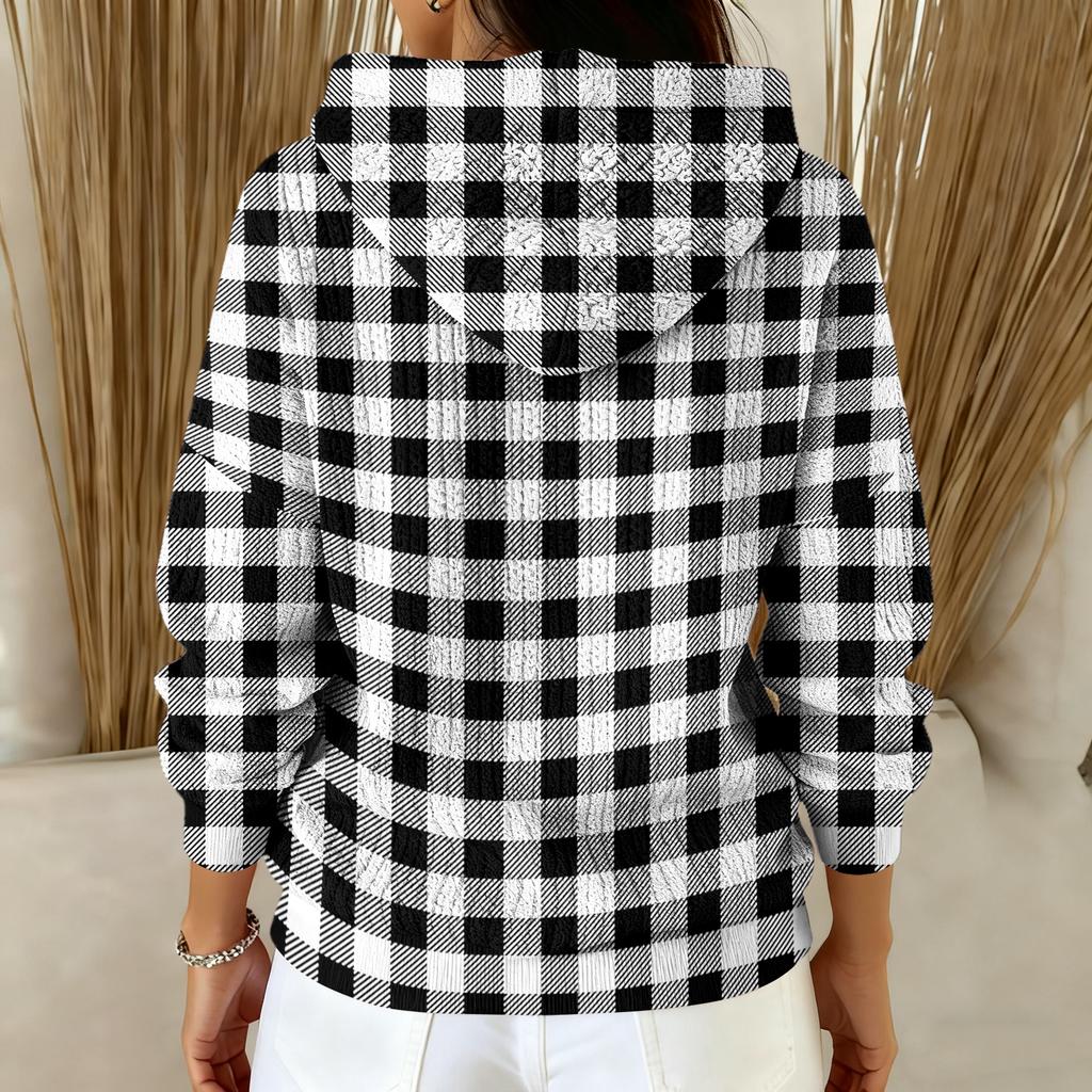 Women's Fashion Casual Plaid Print Pullover Long-Sleeve Hooded Sweatshirt