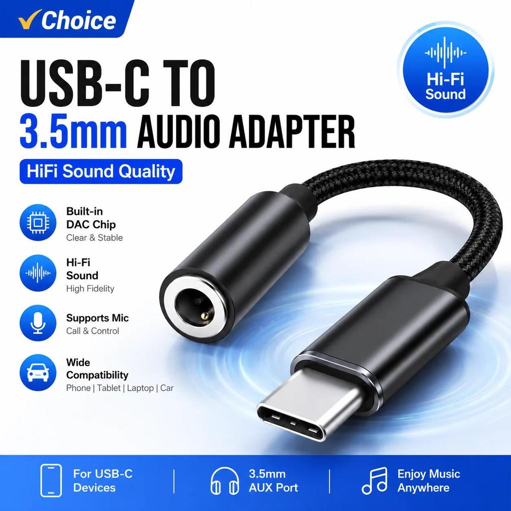 USB C to 3.5mm AUX Adapter with DAC HiFi Audio Cable Supports Mic for iPhone 15 16 iPad Samsung Car 3
