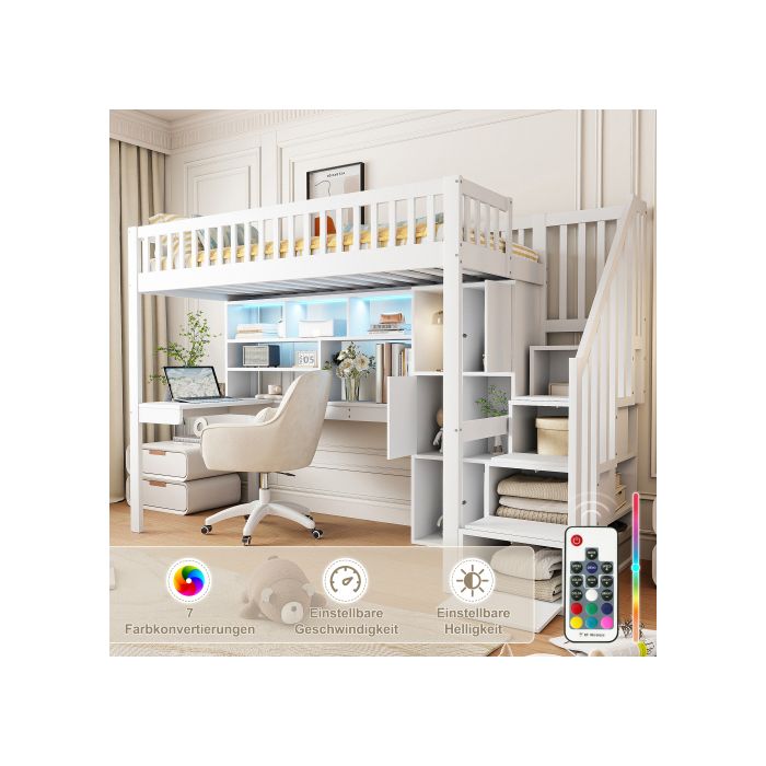 Lit mezzanine - MUVOE - Fusion naturelle - 90x200 cm - Bois pin & MDF - LED ambiance télécommandée