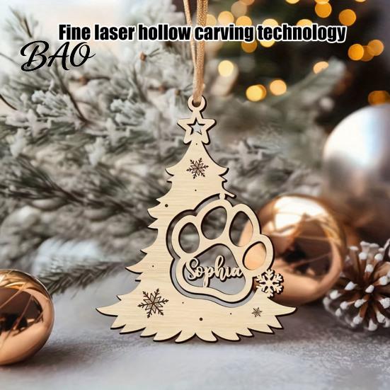 Wooden Christmas Tree Ornaments Wood Pendant with Paw Print, Hollow Engraved Hanging Natural Craft Ornament, Rustic Style for Holiday Party Home Decor
