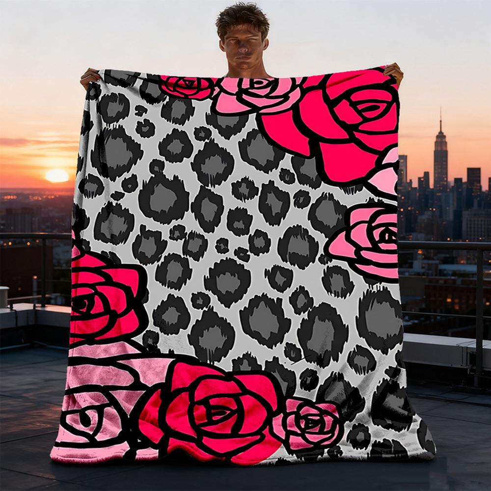 1pc Leopard Roses Pattern Outdoor Flannel Blanket , Machine Washable Perfect Gift for Birthday , Holiday Travel Accessory , Durable Material