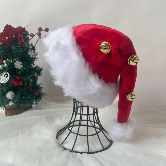Unisex Velvet Santa Hat with Bells Green/Red Fluffy Christmas Hat with Pompom Ball for Holiday New Year Party Supplies