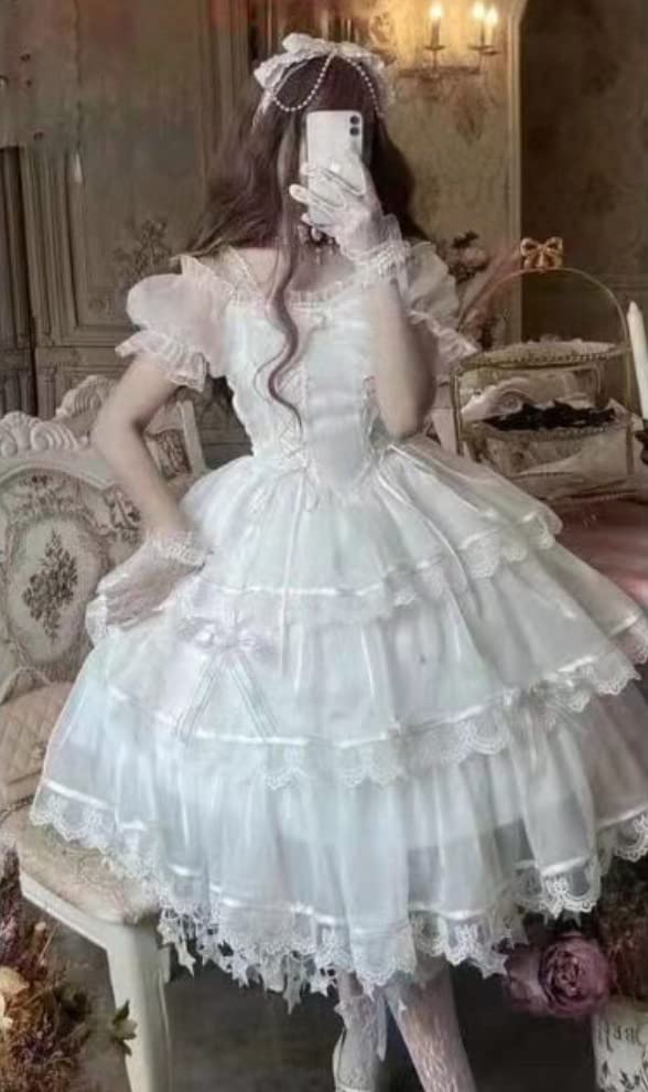 Белое платье Лолита цельный свадебный косплей длиной до колена [Lady Lazy] (L)