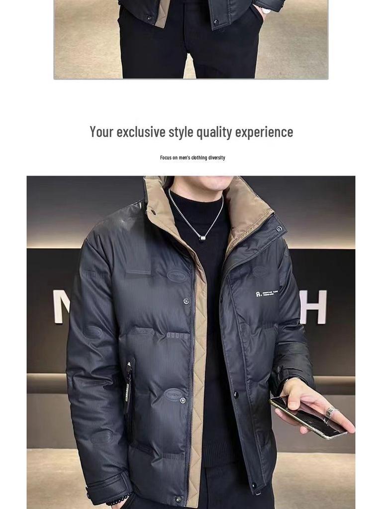 Мужская пуховая куртка 2025 года в стиле колор-блок со стойкой - Черная, теплая зимняя куртка в корейском стиле.