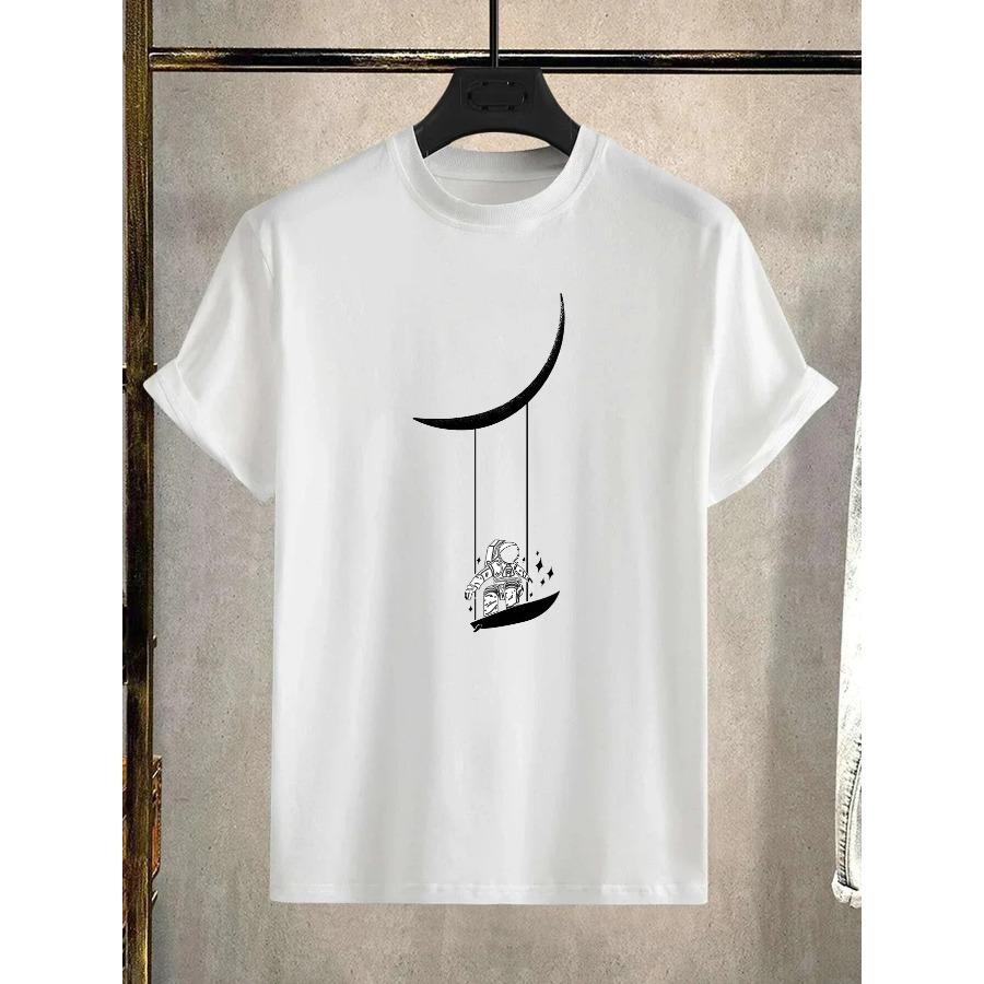 Мужская футболка с принтом «Astronaut Moon Swing», 100% хлопок, круглый вырез, короткий рукав, мужская одежда весна-лето, высокое качество
