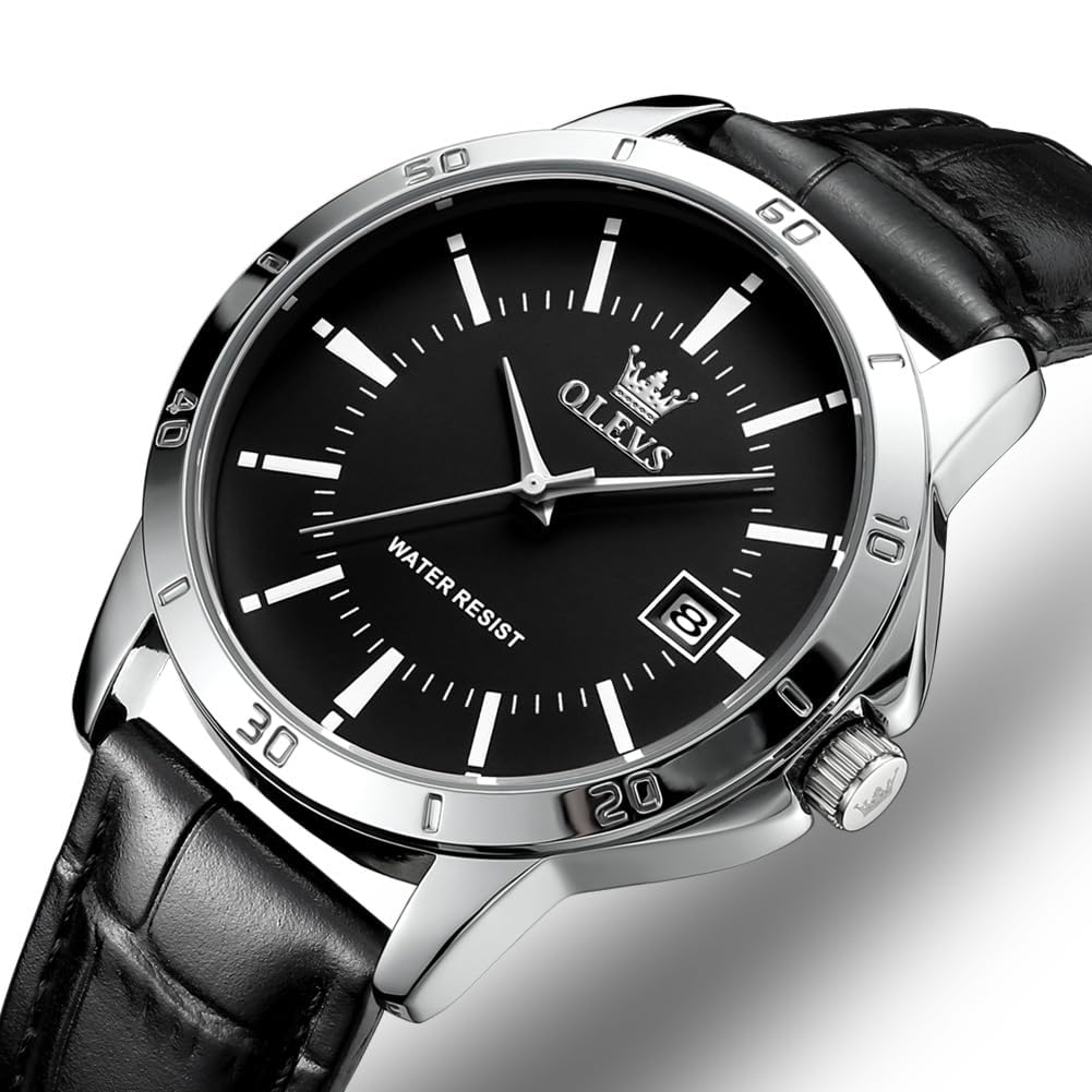 OLEVS Кварцевые популярные часы Простые стильные кожаные часы с водонепроницаемым календарем Роскошные классические часы с легким считыванием Модные студенческие часы для компании Черные мужские часы