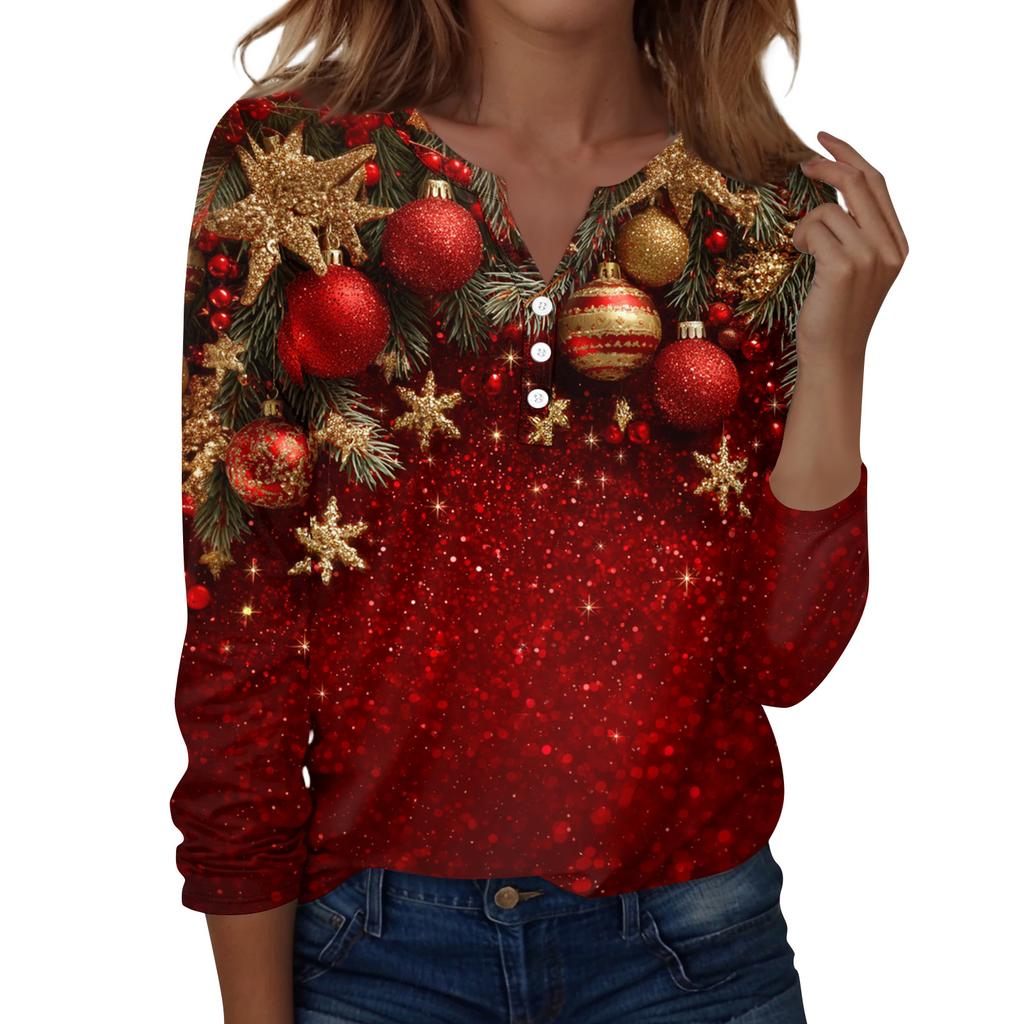Women's Fashion Casual H Printed V-Neck Long Sleeve Decorative Button T-Shirt Tops