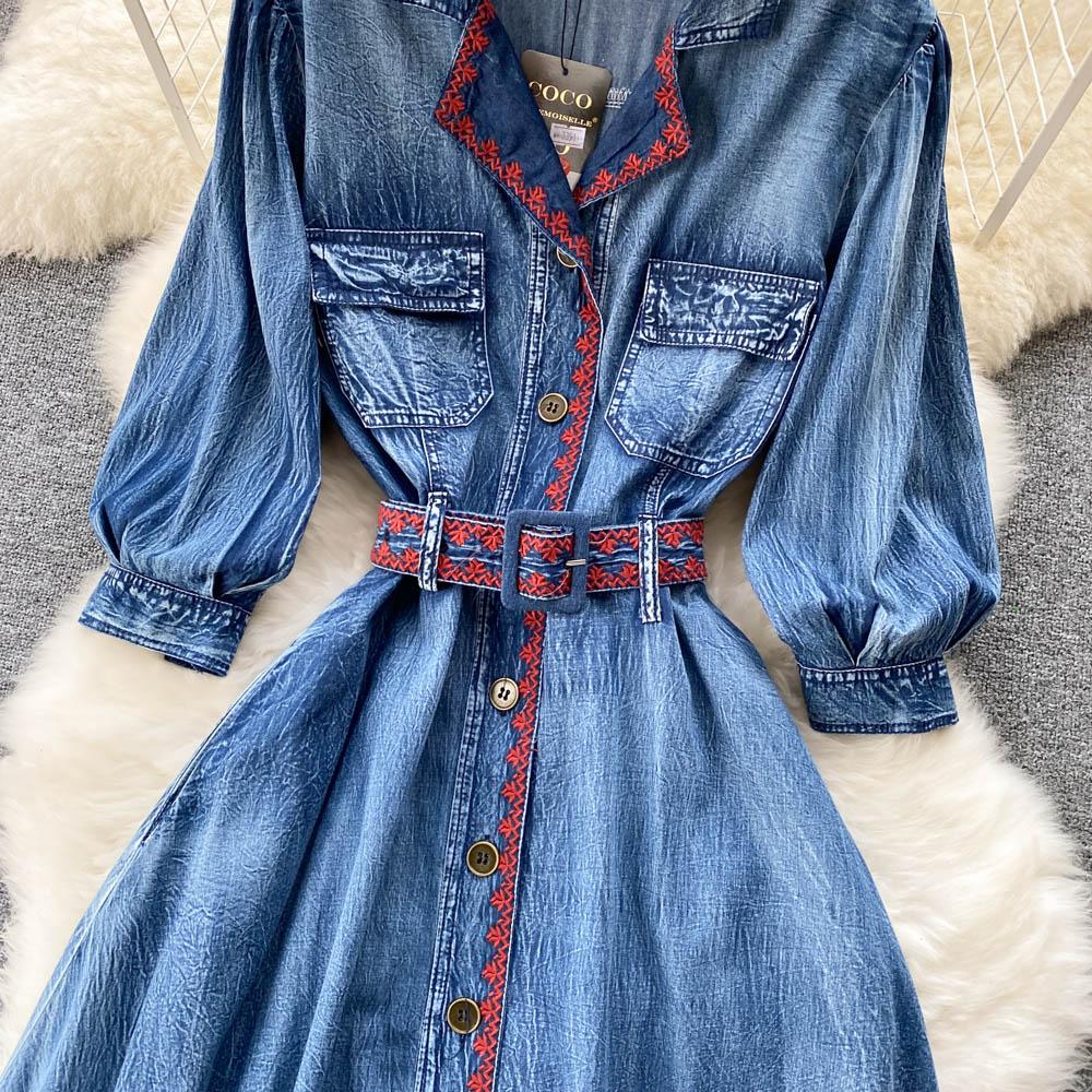RUGOD Spring and Autumn New Retro Denim Dress Women's Long-sleeved Design Waist Shirt Dress Button High Waist Dress