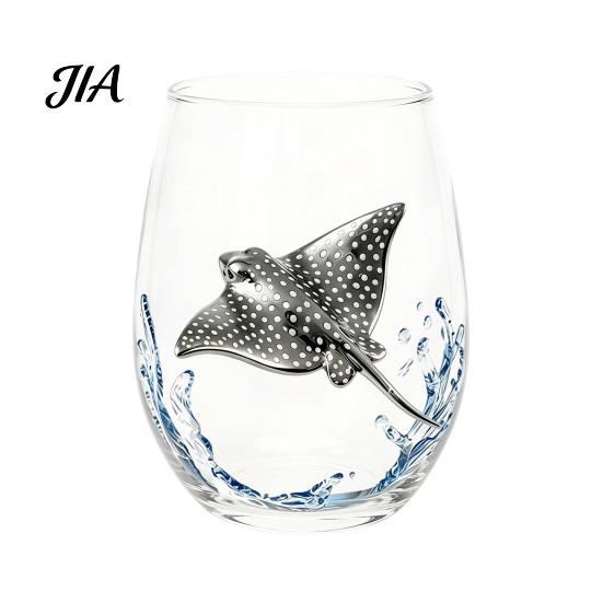 Durable Thick Base Glass Cups Stemless Wine Glasses with Marine Animal Pattern, 420ml Capacity, High Borosilicate Decorative Aesthetic Water Tumblers