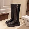 Универсальные простые рыцарские сапоги женские 2025 осень и зима новые модели ботфорты круглый носок средний каблук ботинки Мартин из натуральной кожи женские б
