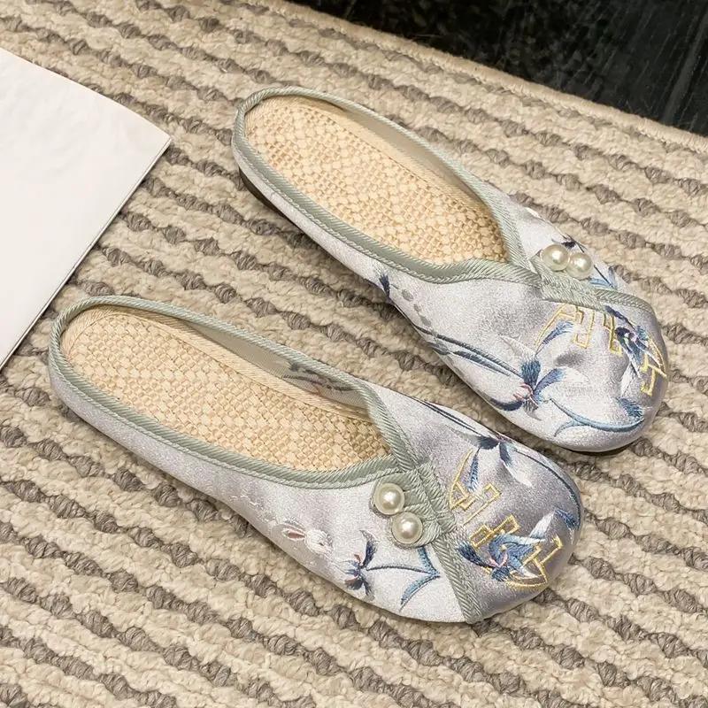 Модные женские тапочки весна осень мягкая подошва балетки Баотоу вышитые домашние тапочки повседневная обувь для женщин этнический стиль уличные тапочки