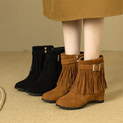Женские ботильоны с круглым носком, увеличивающие рост, на высоком каблуке, с пряжкой, кисточкой, на молнии, короткие сапоги, женская модная обувь, зима 44