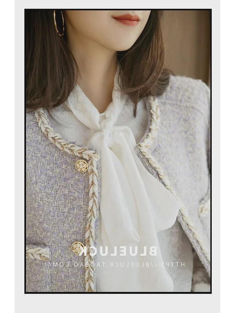 Маленький твидовый кардиган лавандово-фиолетового цвета: Женский бархат Plus, утолщенный, короткий стиль на осень/зиму 2024 г.