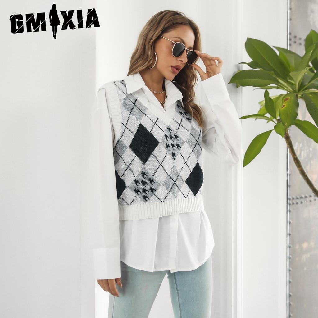 GMXIA Женская мода, повседневный ромбовидный принт, лето-весна, с коротким рукавом, v-образным вырезом, трикотажные короткие рукава