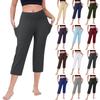 Women  Elastic High Waist 3/4 Pant Casual Active  Fit Wide Capris Leg Pants Trousers With Pockets