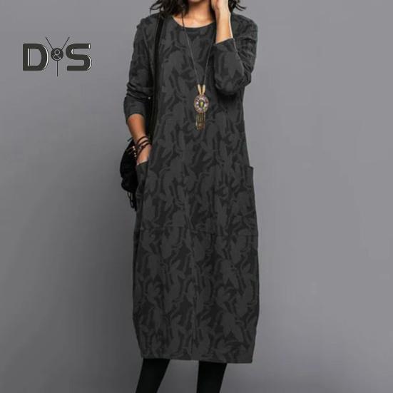 Женское платье весна-осень с круглым вырезом, длинными рукавами и боковыми карманами, свободное платье-миди длиной до середины икры с цветочным принтом для повседневной носки и поездок на работу