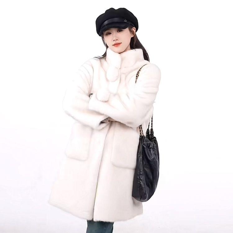 Роскошное женское зимнее пальто с воротником-стойкой и отделкой из меха норки - Длинная шерстяная верхняя куртка