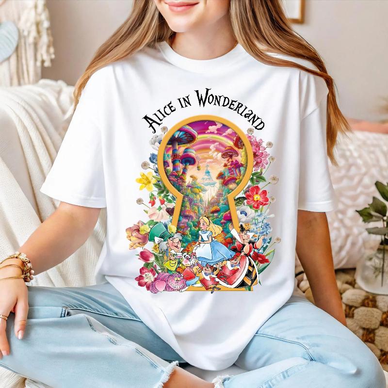 Fashion 2026 New Alice in Wonderland Movie Print Womens High Quality Loose Plus Size Cotton Short Sleeve