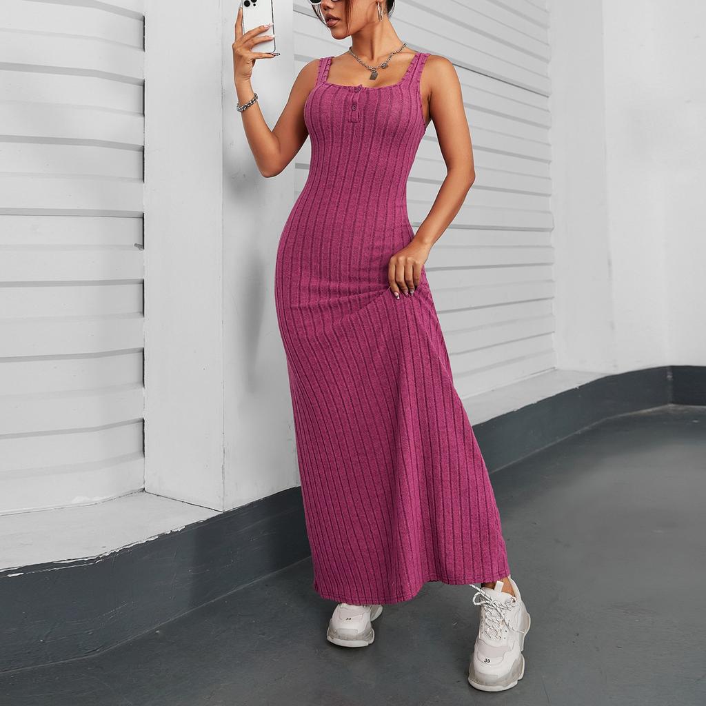 Женские летние повседневные длинные платья без рукавов с пуговицами на шее, облегающие платья с эластичным кроем