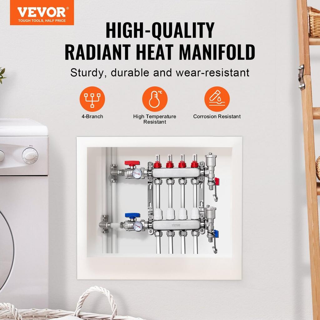 4-Branch Radiant Heat Manifold 1/2" PEX Tubing Floor Heating Manifold Set
